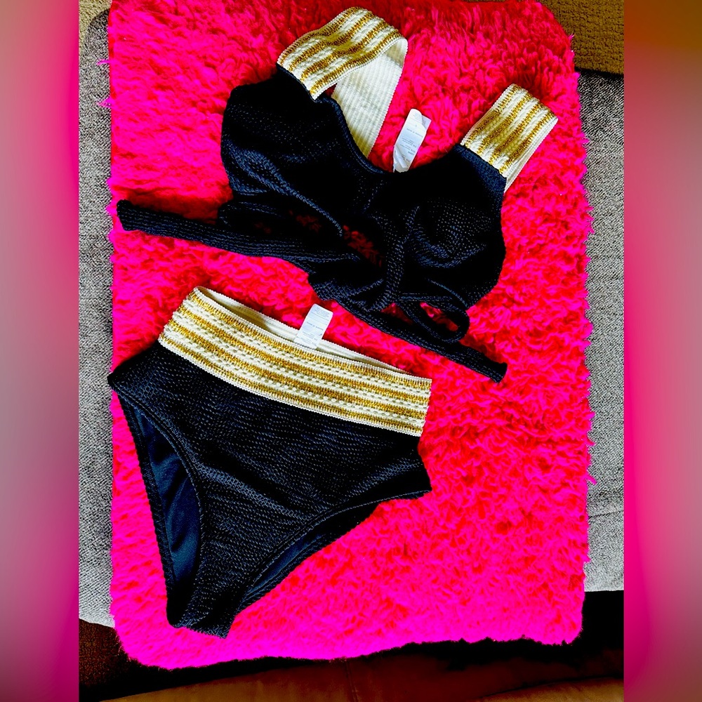 Bikini Set with Metallic Striped Wrap and High Waisted Bottom